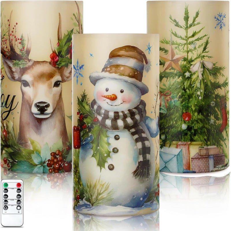 ROCEEI Store 3 Pcs Winter Retro Candles Vintage Style Battery Operated LED Candles Winter Retro Pillar Flickering Real Wax Decorations for Indoor Table Decor Happy New Year Gifts Holiday Party - Image 1